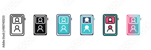 A row of six distinct icons illustrating a device with two stacked user profile silhouettes, showcasing various styles and color schemes.