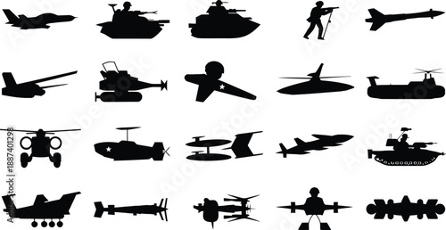 Silhouette of military aircraft and vehicles , military, aircraft, vehicle, silhouette, set, collection, jet, 
