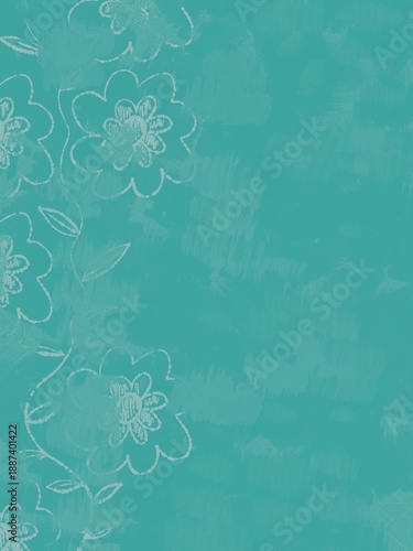 Patterned floral wallpaper background with bright colors and stitched elements
