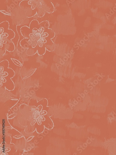 Textured peach floral wallpaper background with bright colors and stitched elements