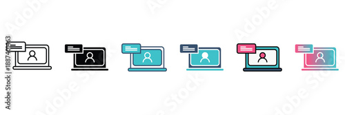 Set of vector icons depicting a laptop with a user profile and an 'Online' status notification, illustrating concepts of remote work, video conferencing, and digital communication.