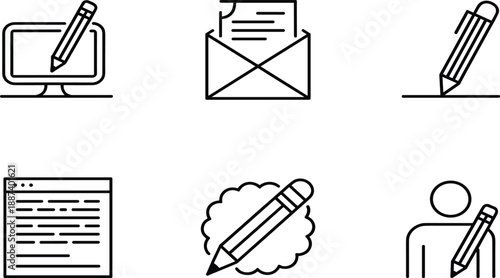 Creative business writing and documentation vector icon set for blogging, email marketing, and professional note taking