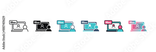 Icons depicting online awareness campaigns and sharing, featuring a laptop, a ribbon, and a user in various design styles.