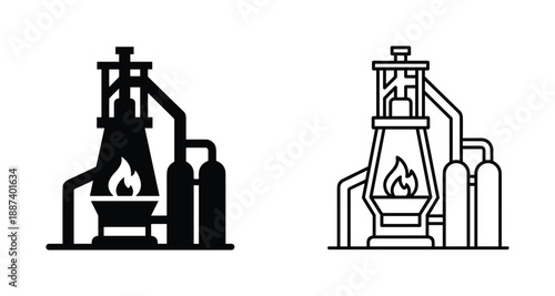 Refinery plant icons with flame, simple design, factory, industrial, process