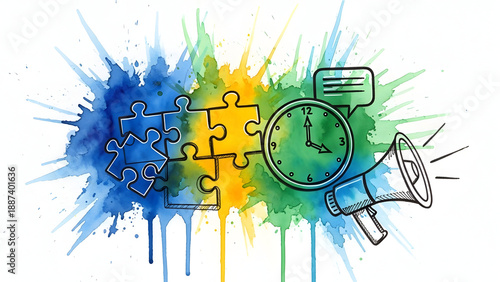 Vibrant puzzle pieces coming together with clock and megaphone