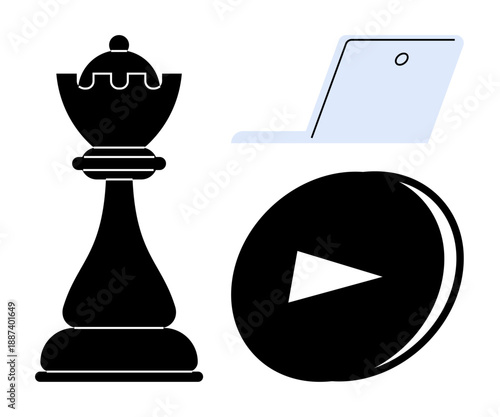 Strategy, online learning, media control, technology, business innovation, digital tools. Chess king piece, laptop screen and play button. Strategy and online learning concepts