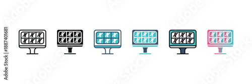 A row of six distinct monitor icons, each displaying a grid of eight surveillance camera feeds, presented in various color schemes from monochrome to vibrant gradients.