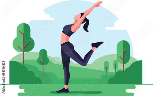 Energetic young woman gracefully practicing yoga or stretching outdoors in a vibrant green park, embracing a healthy and balanced lifestyle amidst nature's tranquility