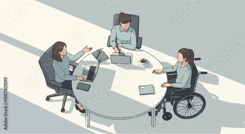 Diverse Business Professionals Collaborating in an Inclusive Office Meeting, Emphasizing Accessibility and Teamwork Around a Modern Table