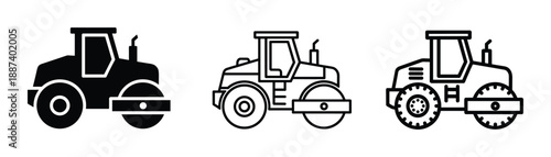 Road roller icons, construction vehicle rollers in outline and solid style, construction equipment vector