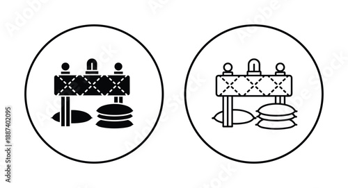 Roadblock with sandbags line art black and white vector illustration in circle icon