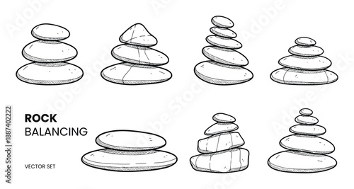 Rock balancing vector set with hand drawn sketch style illustrations of zen stones balancing on each other in different shapes.