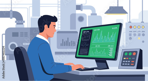 Professional Engineer Monitoring Industrial Processes and Performance Data on a Computer in a Modern Manufacturing Facility, Utilizing Advanced Analytics for Operational Efficiency