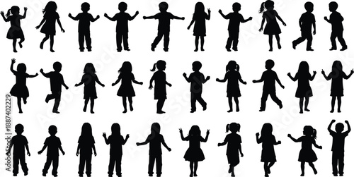 Large Collection of Children Silhouettes Featuring Boys and Girls Playing Cheering Standing and Dancing for Education School Posters Youth Marketing and Childhood Activity Concepts