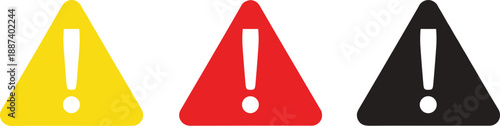 Set of Three Warning Sign Icons with Exclamation Mark in Yellow Red and Black Triangle Frames for Safety Alerts Danger Notifications and UI Design