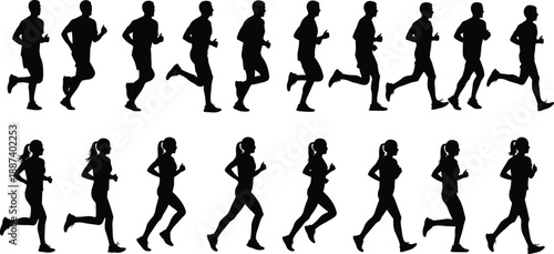 Black silhouette set of male and female runners in motion sequence frames isolated on white background for sports fitness and athletic training concept