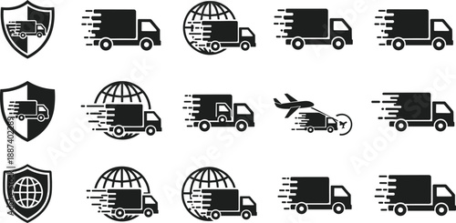 Black vector icon set of fast delivery trucks with motion lines shields and globes for global shipping logistics and express transportation service design,