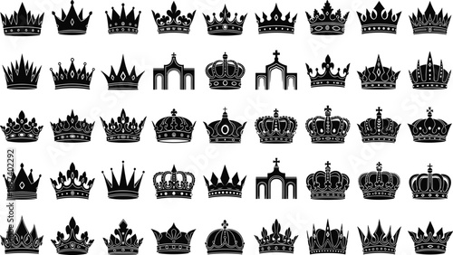 Black silhouette crown icons collection, royal headwear symbols, monarchy emblems, vintage regal elements, vector graphic for design, decoration, heraldry, royalty themes