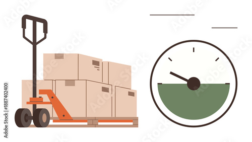 Supply chain, logistics management, warehouse storage, packaging, delivery, efficiency tracking. Pallet jack with boxes on a wooden pallet next to a gauge. Supply chain and logistics management