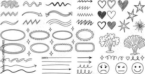 Hand Drawn Doodle Elements Set with Arrows Hearts Stars Frames and Speech Bubbles Handcrafted Sketched Vector Illustrations for Business Infographics and Creative Journaling Designs