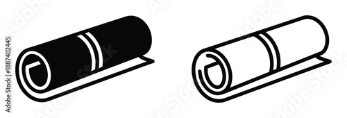 Rolled mat icon vector illustration in black and white colors. Yoga or sleeping mat design, simple isolated graphic element.