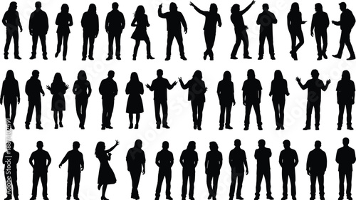 Diverse Collection of People Silhouettes Including Children Playing Families Standing and Adults in Various Poses Isolated on White Background for Creative Graphic Design Projects