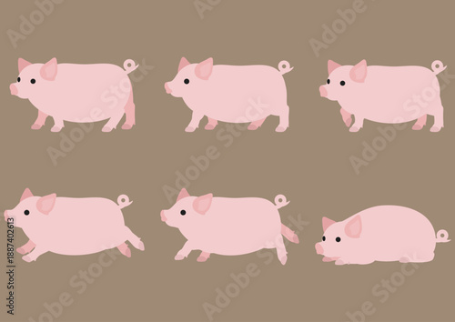 牧場で過ごす豚の姿を描いたシンプルなイラストセット