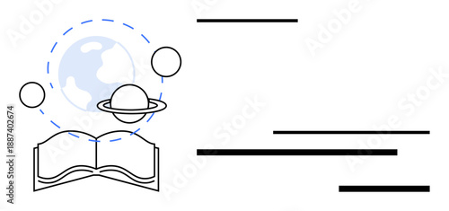 Education, science, global understanding, knowledge sharing, innovation, creativity. Open book with planet and Earth elements. Education and science with a focus on learning