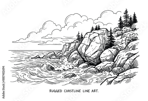 Rugged coastline line art with rocks, trees, and crashing waves on the shoreline with cloudy sky landscape.