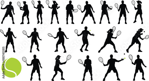 Large set of black tennis player silhouettes in various action poses with rackets and balls isolated on white background for sports and fitness concept