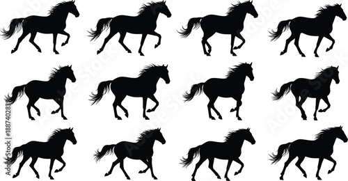 Set of Black Horse Silhouette Icons Galloping and Running in Motion for Equestrian Sports Design Animal Logo Collection and Wild Mustang Nature Graphics Vector Elements
