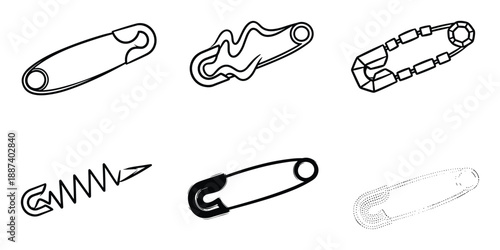 Safety pin variations, different designs, creative safety pins illustrations for sewing, crafts and jewelry making projects