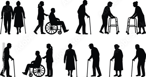 Elderly people silhouettes set, senior men women walking with cane walker wheelchair care scenes, black aging human figures vector illustration