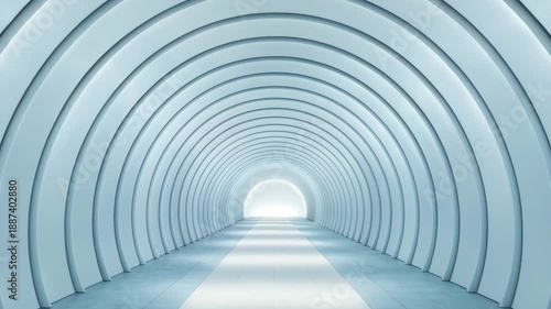 Futuristic tunnel corridor with curved arches glowing light end modern architecture smooth surface minimalistic symmetrical design spacious passageway