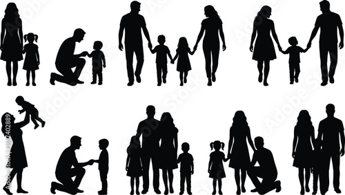 Family silhouettes set with parents and children, walking holding hands parenting moments, black human figures, happy family life vector illustration
