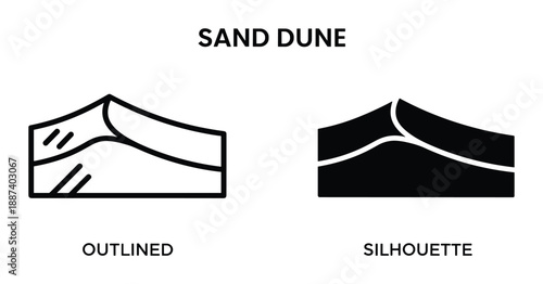 Sand dune outlined and silhouette vector illustration, desert landscape icon, nature background, sandhill symbol design
