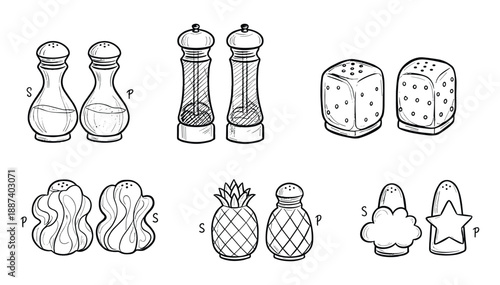 Salt and pepper shakers line art set, various shapes, classic glass, cube, pineapple and abstract designs, illustration