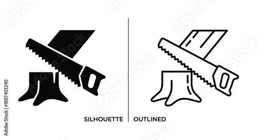 Saw cutting wood stump silhouette and outlined icons, carpentry equipment