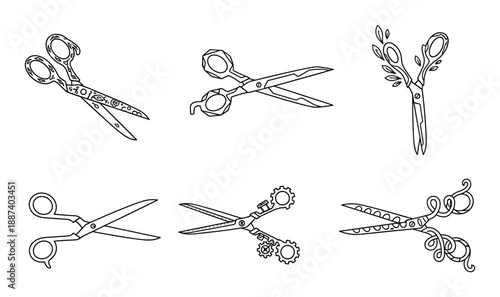 Scissors illustrations collection, unique scissor designs. Decorative, steampunk, floral, classic cutting tool outlines.