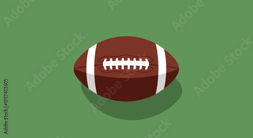 Brown oval leather ball with white laces and stripes rests on a green field perfect for sports and game concepts