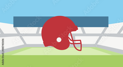 Stylized Red Helmet on a Football Field with Stadium Seating Background Represents Athletics Sports Competition and Game Day Excitement for Teams and