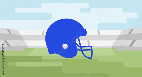 Blue football helmet displayed on a green field with stadium seating in the background under a bright sky
