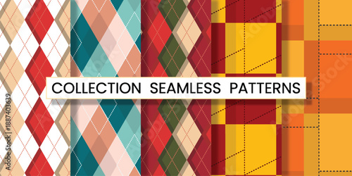 Collection seamless patterns argyle vector design with thin slim dotted line vivid geometric background for fabric, textile, clothing, wrapping paper, wallpaper, illustration, 