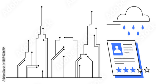 Circuit-themed city skyline connected to technology, cloud with rain, and a rated document. Ideal for innovation, smart cities, technology, cloud services, ratings, reviews digital transformation