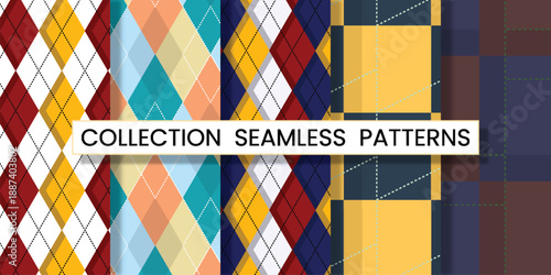 Collection seamless patterns argyle vector design with thin slim dotted line vivid geometric background for fabric, textile, clothing, wrapping paper, wallpaper, illustration, 