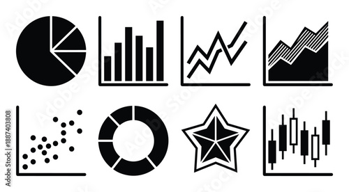 Set of black and white graph icons pie chart, bar, line, scatter and candlestick diagrams