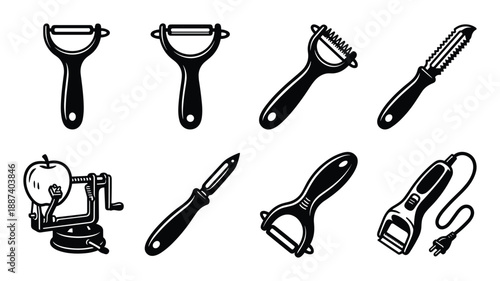 Set of black and white vector illustrations of various vegetable peelers and apple peeler machine