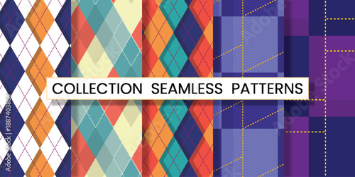 Collection seamless patterns argyle vector design with thin slim dotted line vivid geometric background for fabric, textile, clothing, wrapping paper, wallpaper, illustration, 