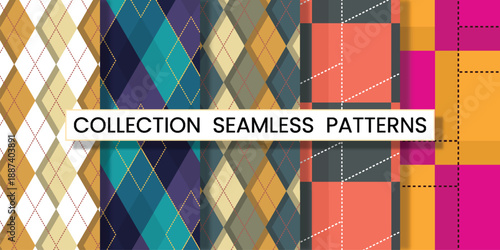 Collection seamless patterns argyle vector design with thin slim dotted line vivid geometric background for fabric, textile, clothing, wrapping paper, wallpaper, illustration, 