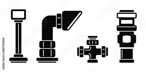 Set of black plumbing pipes fittings, plumbing connections silhouette vector illustration